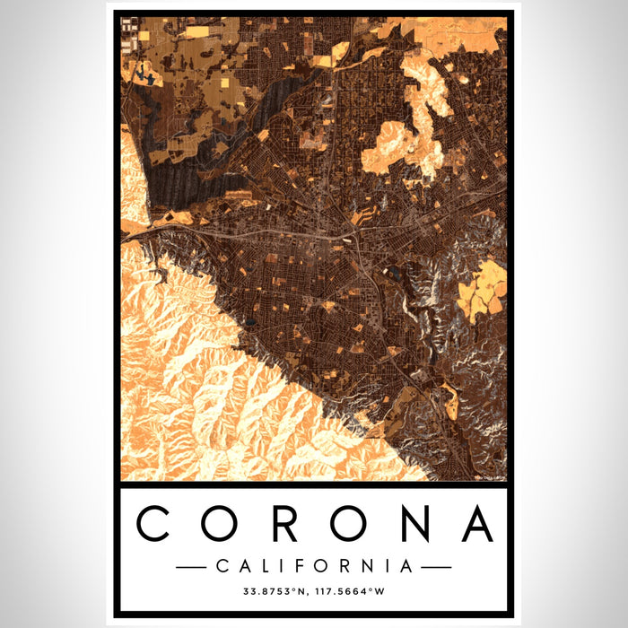 Corona California Map Print Portrait Orientation in Ember Style With Shaded Background