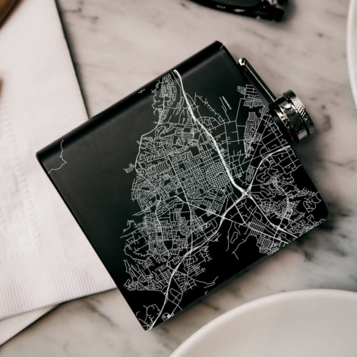 Corona California Custom Engraved City Map Inscription Coordinates on 6oz Stainless Steel Flask in Black