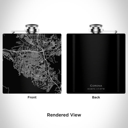 Rendered View of Corona California Map Engraving on 6oz Stainless Steel Flask in Black