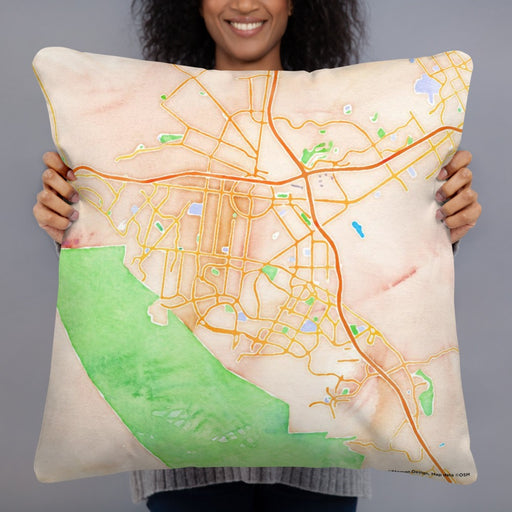 Person holding 22x22 Custom Corona California Map Throw Pillow in Watercolor