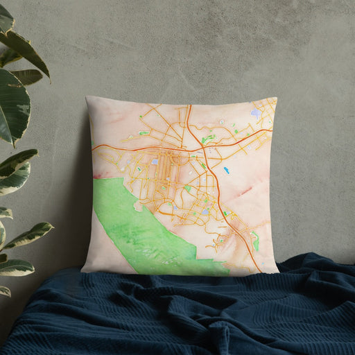 Custom Corona California Map Throw Pillow in Watercolor on Bedding Against Wall