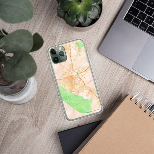 Custom Corona California Map Phone Case in Watercolor on Table with Laptop and Plant