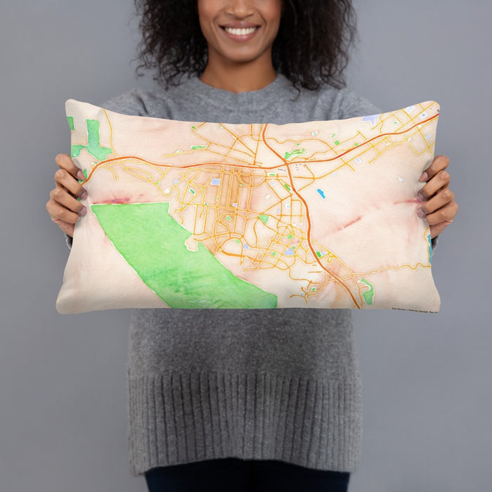 Person holding 20x12 Custom Corona California Map Throw Pillow in Watercolor