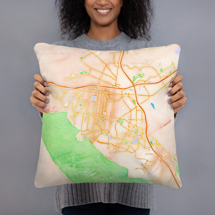 Person holding 18x18 Custom Corona California Map Throw Pillow in Watercolor