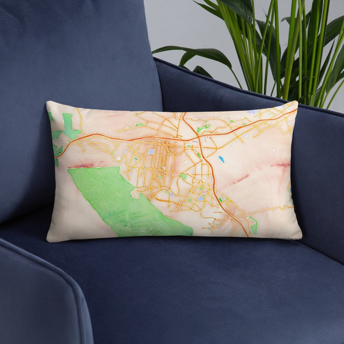 Custom Corona California Map Throw Pillow in Watercolor on Blue Colored Chair