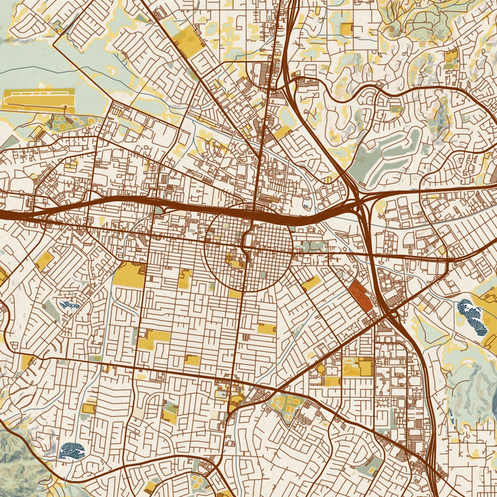 Corona California Map Print in Woodblock Style Zoomed In Close Up Showing Details