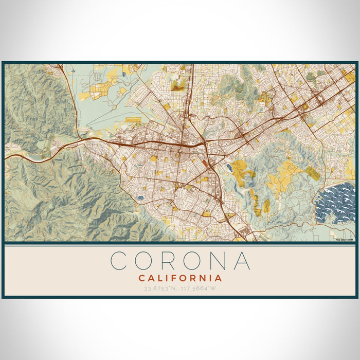 Corona California Map Print Landscape Orientation in Woodblock Style With Shaded Background
