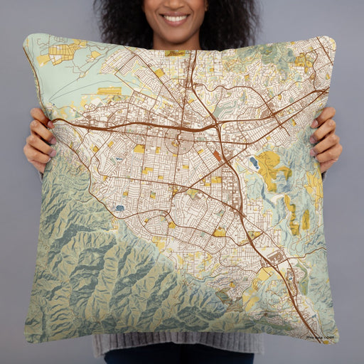 Person holding 22x22 Custom Corona California Map Throw Pillow in Woodblock
