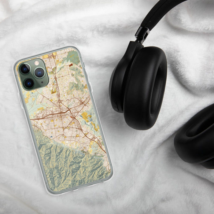 Custom Corona California Map Phone Case in Woodblock on Table with Black Headphones