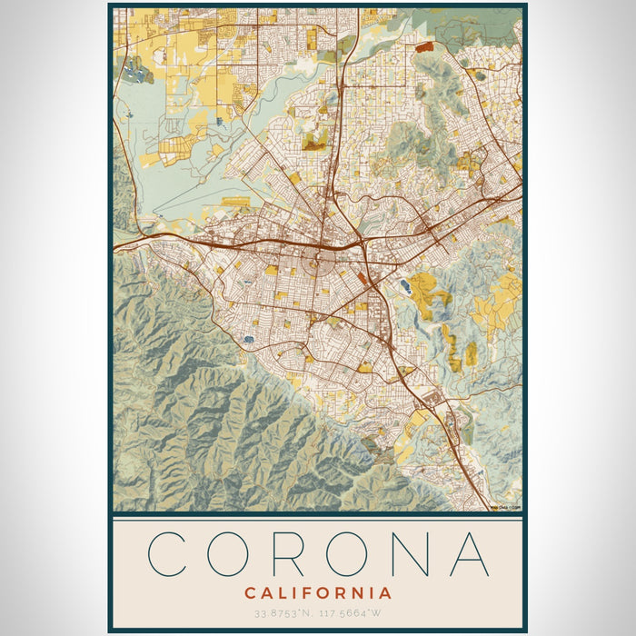 Corona California Map Print Portrait Orientation in Woodblock Style With Shaded Background