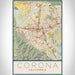 Corona California Map Print Portrait Orientation in Woodblock Style With Shaded Background