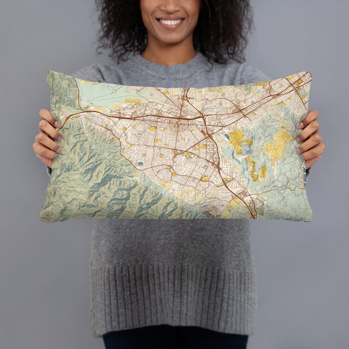 Person holding 20x12 Custom Corona California Map Throw Pillow in Woodblock