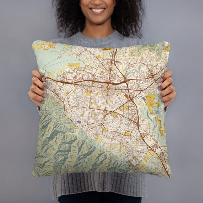 Person holding 18x18 Custom Corona California Map Throw Pillow in Woodblock