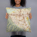 Person holding 18x18 Custom Corona California Map Throw Pillow in Woodblock