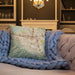 Custom Corona California Map Throw Pillow in Woodblock on Cream Colored Couch