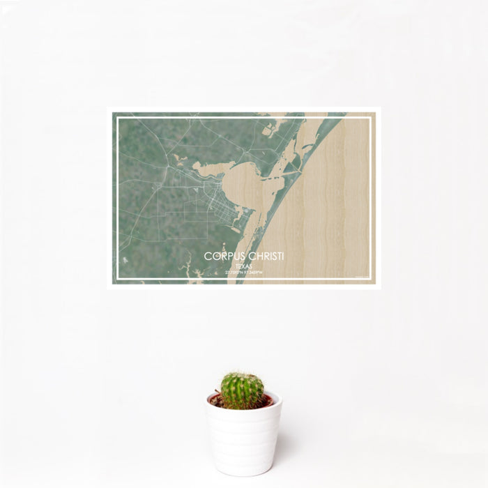 12x18 Corpus Christi Texas Map Print Landscape Orientation in Afternoon Style With Small Cactus Plant in White Planter