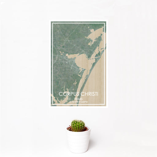12x18 Corpus Christi Texas Map Print Portrait Orientation in Afternoon Style With Small Cactus Plant in White Planter