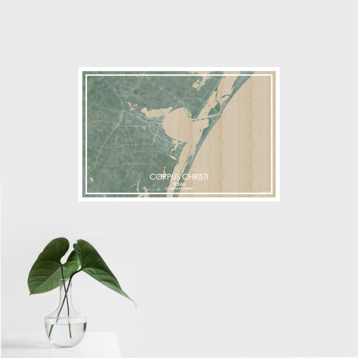 16x24 Corpus Christi Texas Map Print Landscape Orientation in Afternoon Style With Tropical Plant Leaves in Water
