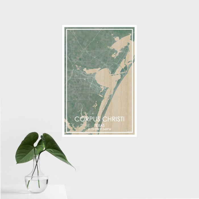 16x24 Corpus Christi Texas Map Print Portrait Orientation in Afternoon Style With Tropical Plant Leaves in Water