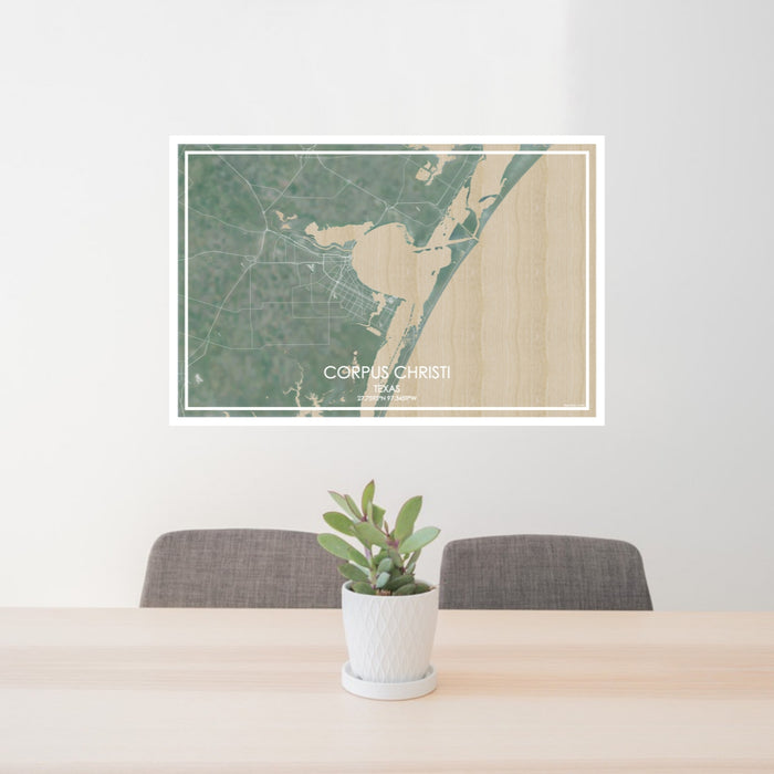 24x36 Corpus Christi Texas Map Print Lanscape Orientation in Afternoon Style Behind 2 Chairs Table and Potted Plant