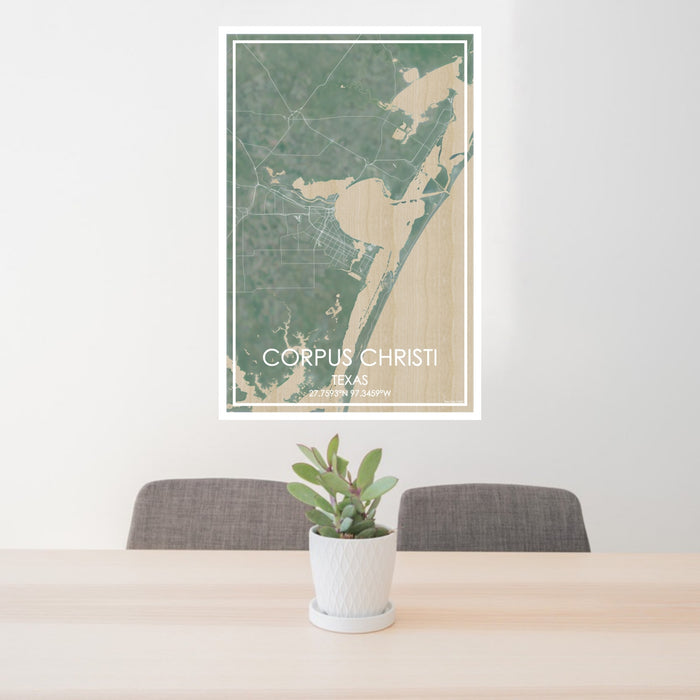 24x36 Corpus Christi Texas Map Print Portrait Orientation in Afternoon Style Behind 2 Chairs Table and Potted Plant