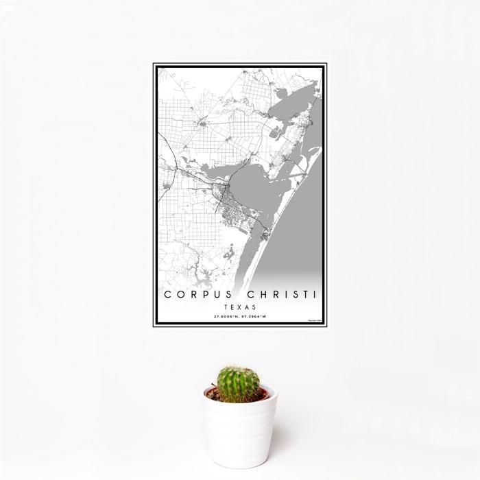 12x18 Corpus Christi Texas Map Print Portrait Orientation in Classic Style With Small Cactus Plant in White Planter