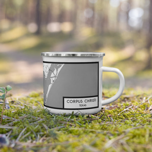 Right View Custom Corpus Christi Texas Map Enamel Mug in Classic on Grass With Trees in Background