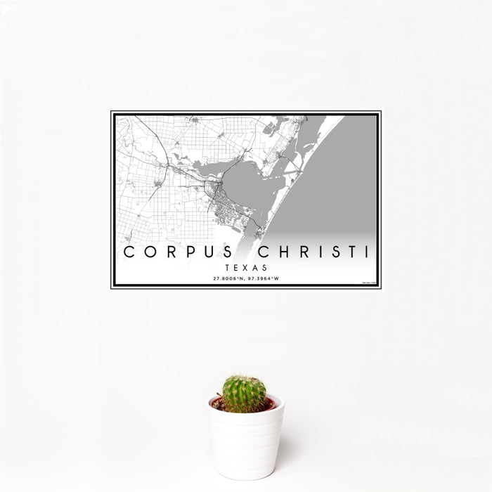 12x18 Corpus Christi Texas Map Print Landscape Orientation in Classic Style With Small Cactus Plant in White Planter