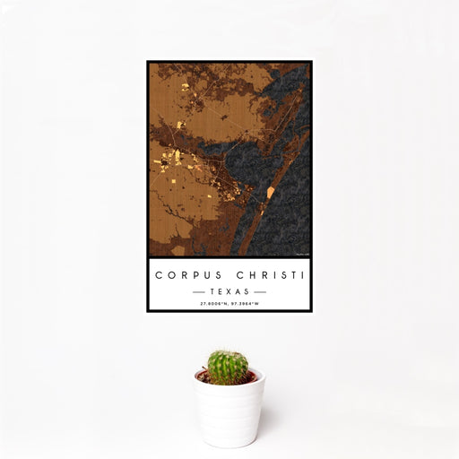 12x18 Corpus Christi Texas Map Print Portrait Orientation in Ember Style With Small Cactus Plant in White Planter