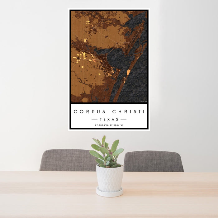 24x36 Corpus Christi Texas Map Print Portrait Orientation in Ember Style Behind 2 Chairs Table and Potted Plant