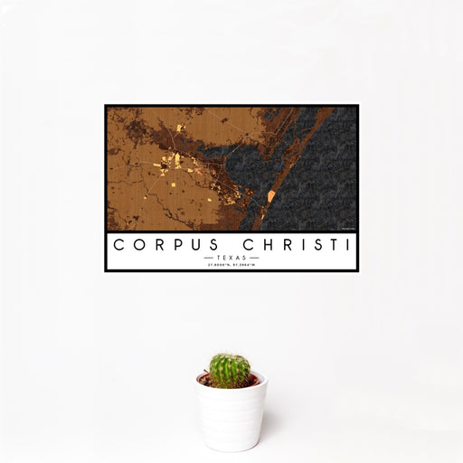 12x18 Corpus Christi Texas Map Print Landscape Orientation in Ember Style With Small Cactus Plant in White Planter
