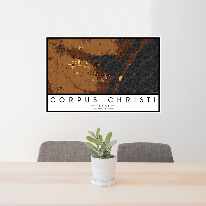 24x36 Corpus Christi Texas Map Print Landscape Orientation in Ember Style Behind 2 Chairs Table and Potted Plant