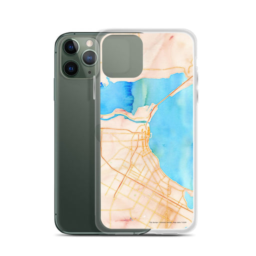 Custom Corpus Christi Texas Map Phone Case in Watercolor on Table with Laptop and Plant
