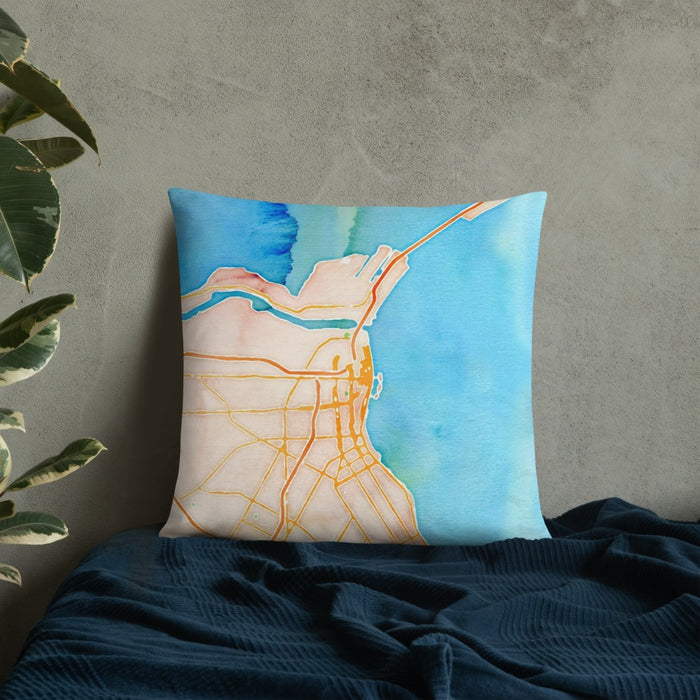 Custom Corpus Christi Texas Map Throw Pillow in Watercolor on Bedding Against Wall