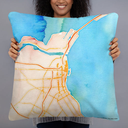 Person holding 22x22 Custom Corpus Christi Texas Map Throw Pillow in Watercolor