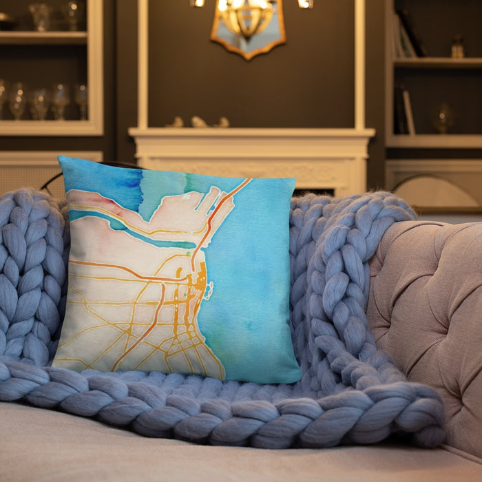 Custom Corpus Christi Texas Map Throw Pillow in Watercolor on Cream Colored Couch