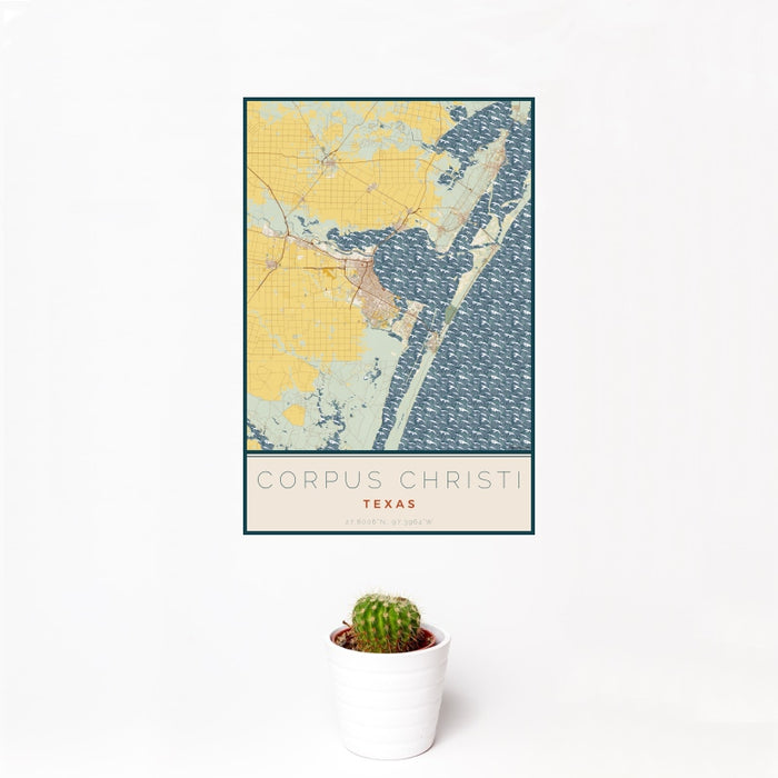 12x18 Corpus Christi Texas Map Print Portrait Orientation in Woodblock Style With Small Cactus Plant in White Planter