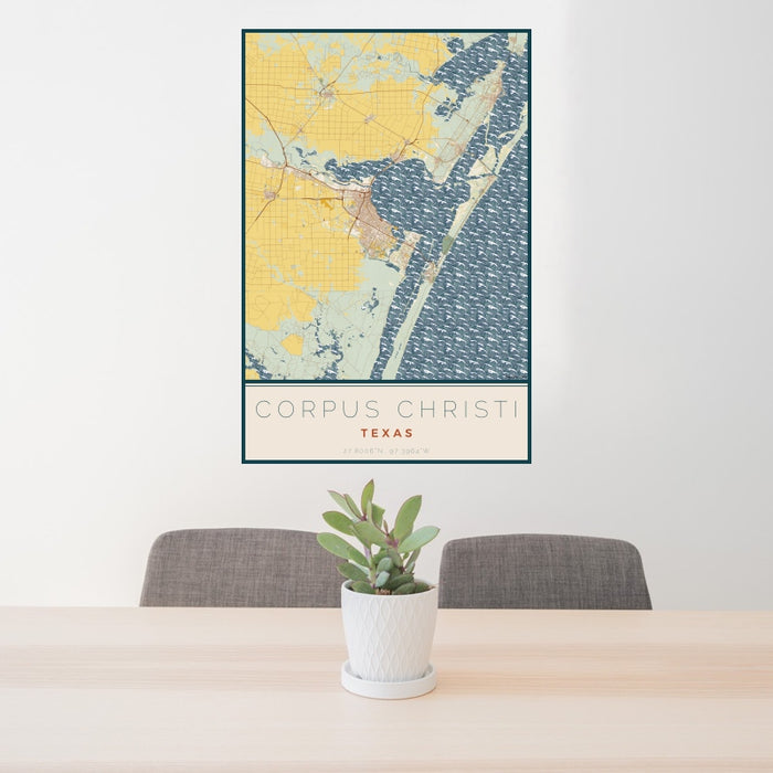 24x36 Corpus Christi Texas Map Print Portrait Orientation in Woodblock Style Behind 2 Chairs Table and Potted Plant