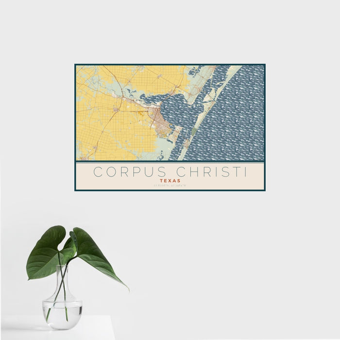 16x24 Corpus Christi Texas Map Print Landscape Orientation in Woodblock Style With Tropical Plant Leaves in Water