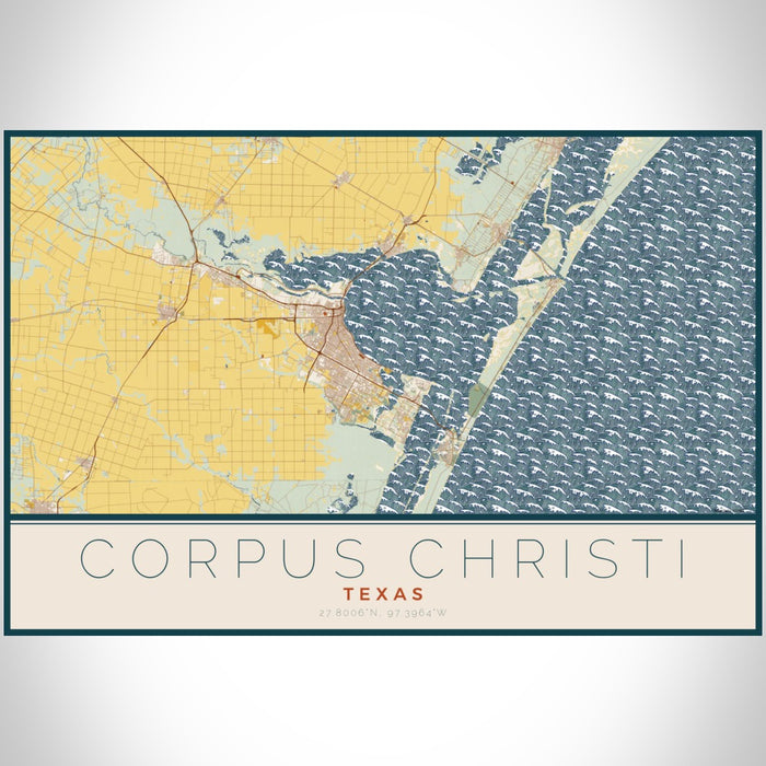 Corpus Christi Texas Map Print Landscape Orientation in Woodblock Style With Shaded Background
