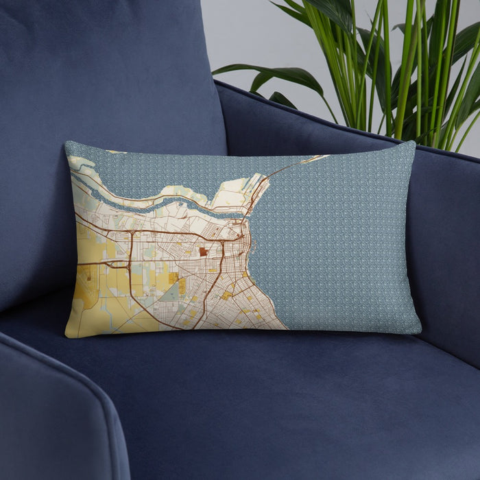 Custom Corpus Christi Texas Map Throw Pillow in Woodblock on Blue Colored Chair