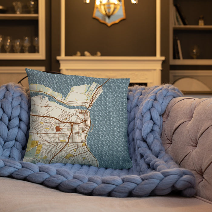 Custom Corpus Christi Texas Map Throw Pillow in Woodblock on Cream Colored Couch