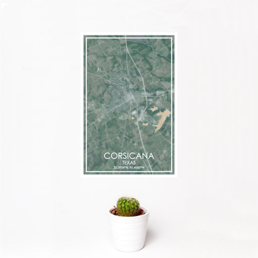 12x18 Corsicana Texas Map Print Portrait Orientation in Afternoon Style With Small Cactus Plant in White Planter