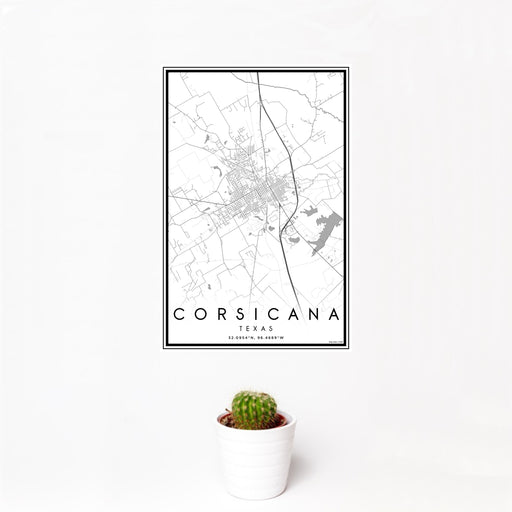 12x18 Corsicana Texas Map Print Portrait Orientation in Classic Style With Small Cactus Plant in White Planter