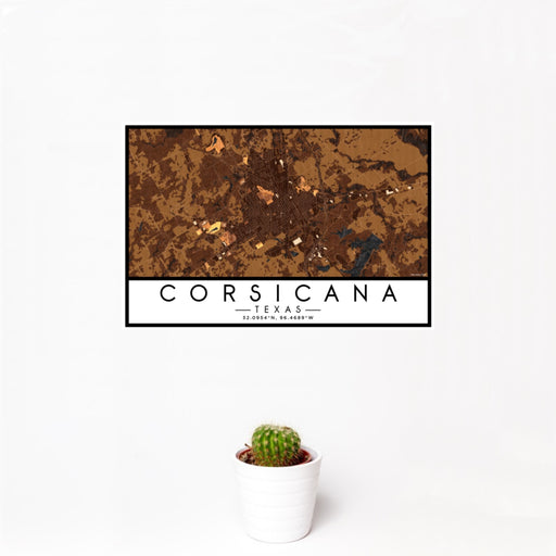 12x18 Corsicana Texas Map Print Landscape Orientation in Ember Style With Small Cactus Plant in White Planter