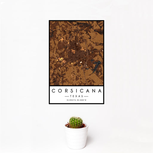 12x18 Corsicana Texas Map Print Portrait Orientation in Ember Style With Small Cactus Plant in White Planter