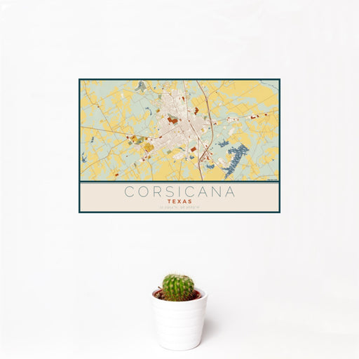 12x18 Corsicana Texas Map Print Landscape Orientation in Woodblock Style With Small Cactus Plant in White Planter