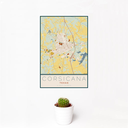 12x18 Corsicana Texas Map Print Portrait Orientation in Woodblock Style With Small Cactus Plant in White Planter