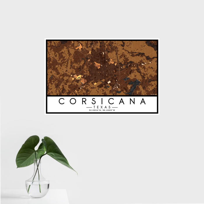 16x24 Corsicana Texas Map Print Landscape Orientation in Ember Style With Tropical Plant Leaves in Water