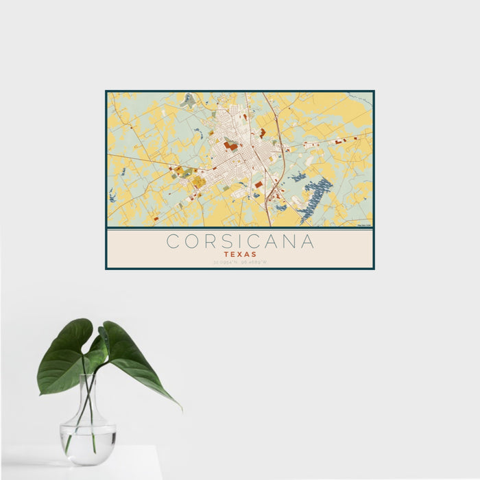 16x24 Corsicana Texas Map Print Landscape Orientation in Woodblock Style With Tropical Plant Leaves in Water